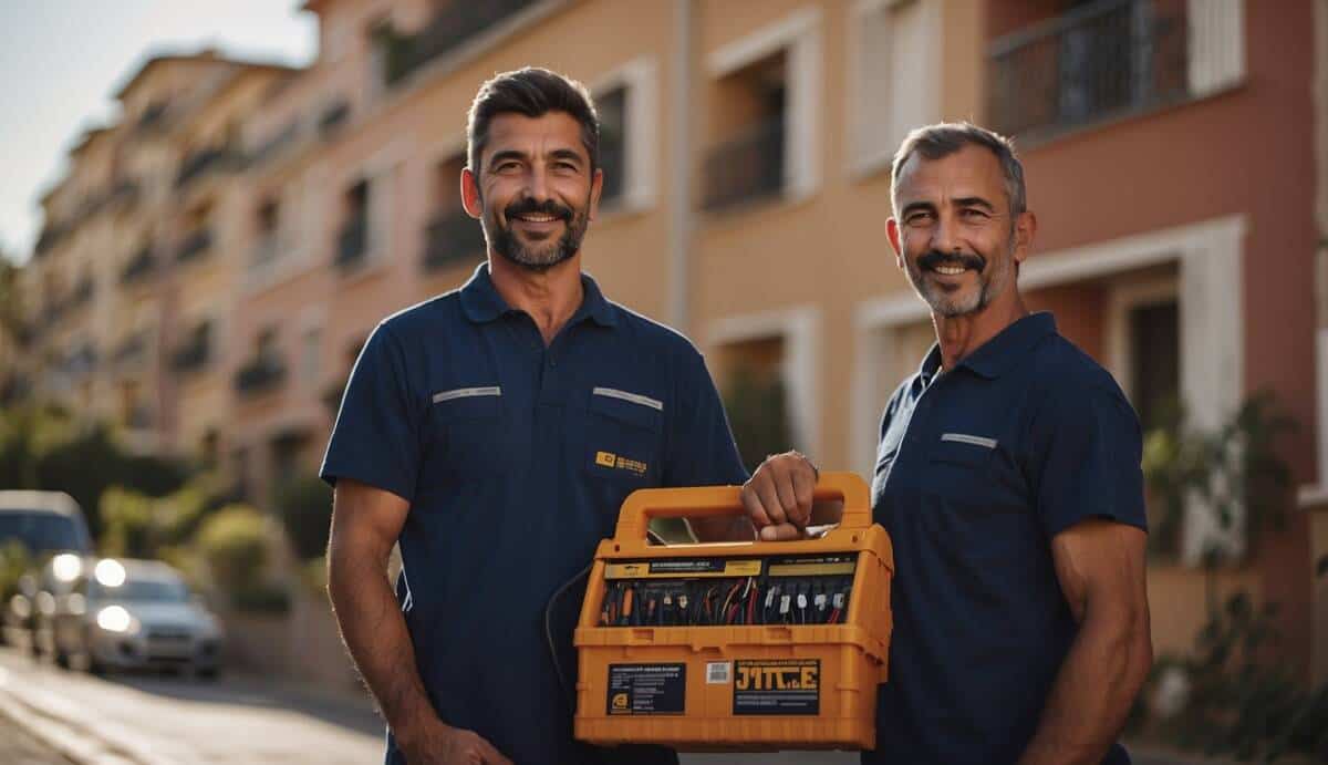 An electrician holding a toolbox stands in front of a row of houses in Hospitalet de Llobregat. The houses are well-lit with functioning electrical systems