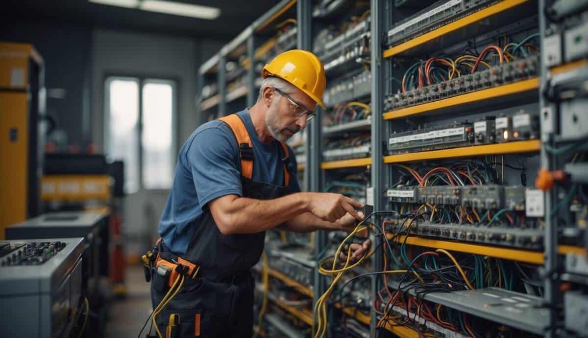 A professional electrician working on a complex wiring system, surrounded by tools and equipment, with a satisfied customer looking on