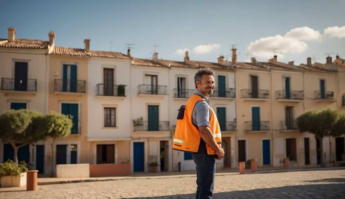 An electrician holding a toolbox stands in front of a row of houses in Jerez de la Frontera. Five stars hover above the houses, indicating the top electricians in the area