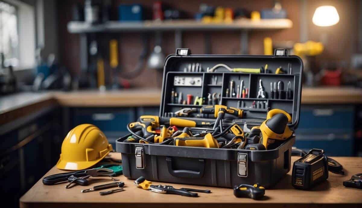 A well-equipped electrician's toolbox with various tools and safety equipment laid out on a clean and organized workbench