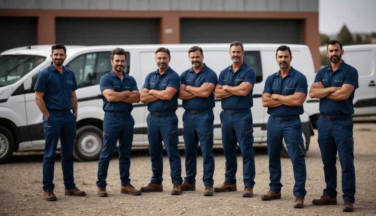 A group of electricians in Móstoles, Spain, standing in front of their work vans with tools and equipment, showcasing their expertise and reliability