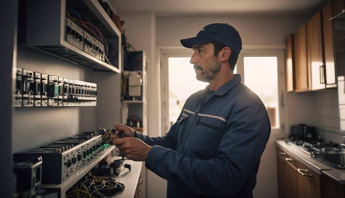 A professional electrician working on wiring in a Móstoles home, surrounded by tools and safety equipment