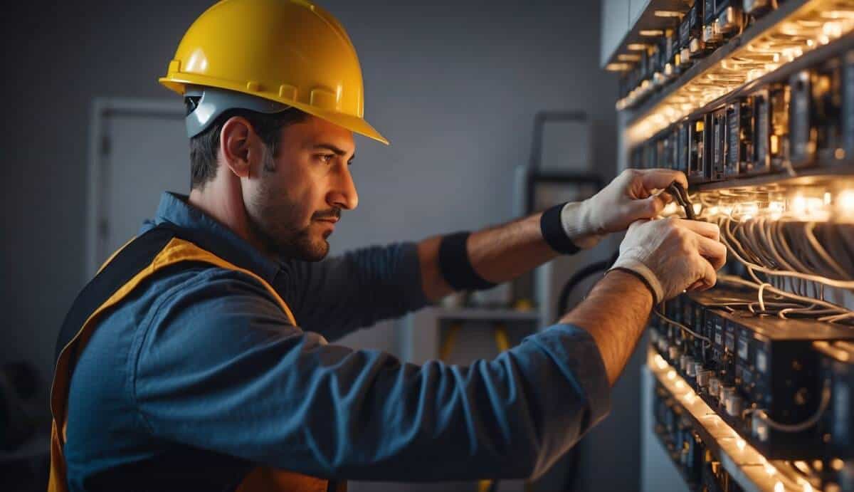 An electrician carefully installs wiring in a modern home in Sabadell, ensuring safety and efficiency. Top 5 electricians in Sabadell are highlighted