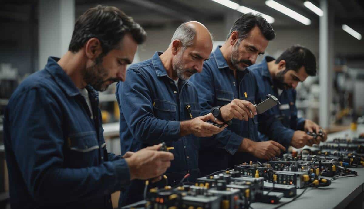 Five electricians in Sabadell, each with a different skill set and tools, being evaluated based on their expertise and experience