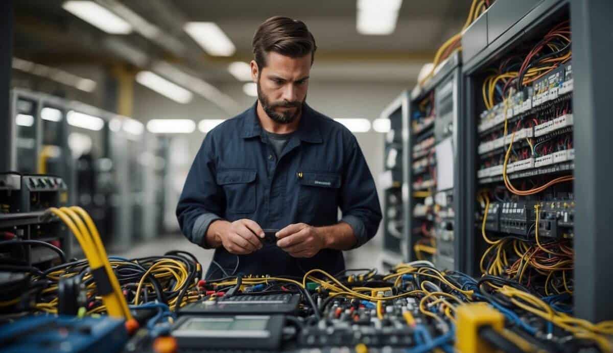 A professional electrician working on a complex wiring system, surrounded by tools and equipment. The electrician is focused and precise, ensuring safety and efficiency