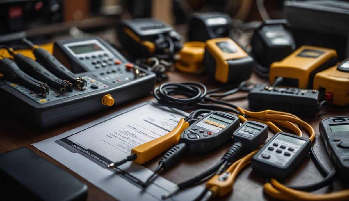 A group of electrical tools and equipment displayed with a certificate and a list of required experience for the top 5 electricians in San Sebastián