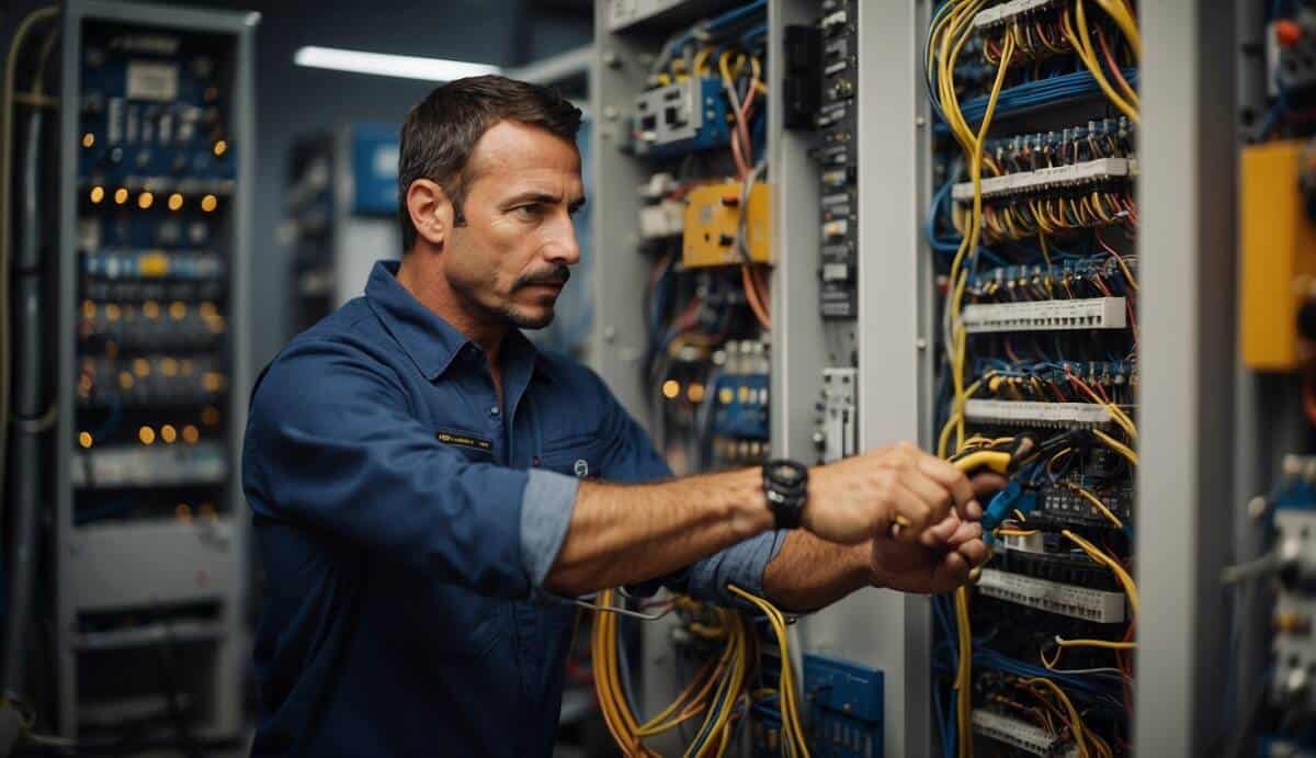 A licensed electrician working on a complex wiring system in Torrejón de Ardoz, demonstrating the importance of hiring a professional for electrical work