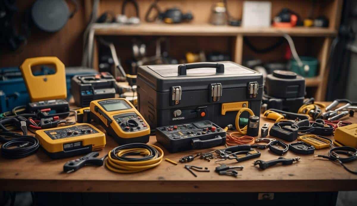 An electrician's toolbox and workbench with various tools and equipment, surrounded by electrical wiring and fixtures