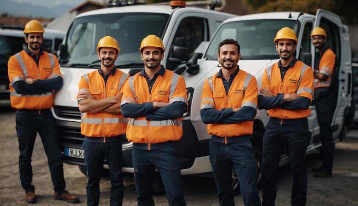 A group of electricians in Alcalá de Guadaíra stand in front of their vans, each displaying their company logo. They hold their tools and wear safety gear, ready to provide their services