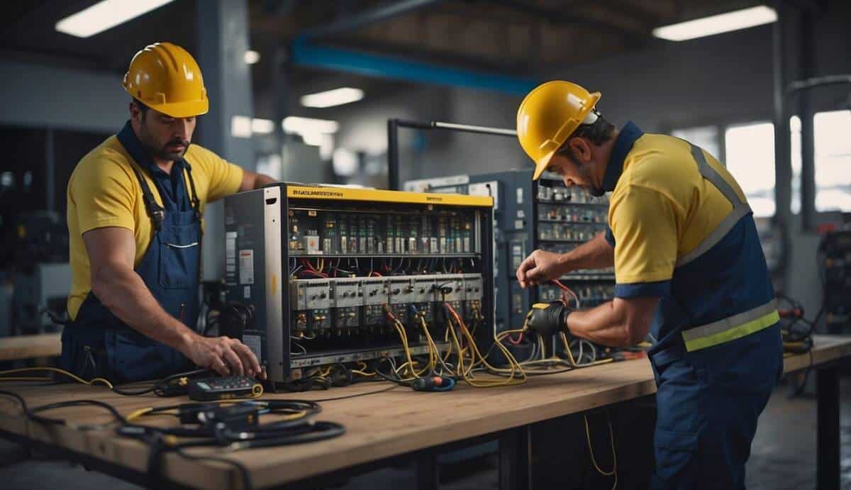 A group of electricians working together in Alcalá de Guadaíra, using various tools and equipment to provide common electrical services