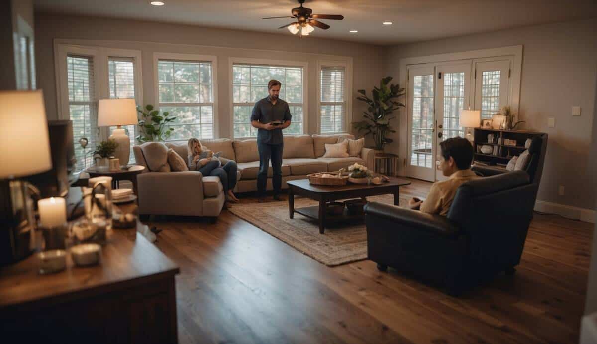 A well-lit living room with a family gathered around, while an electrician inspects the electrical panel, ensuring safety in the home