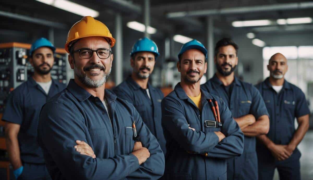 A group of electricians in Algeciras stand together, each holding a tool and wearing a uniform. They are surrounded by electrical equipment and wires, showcasing their expertise