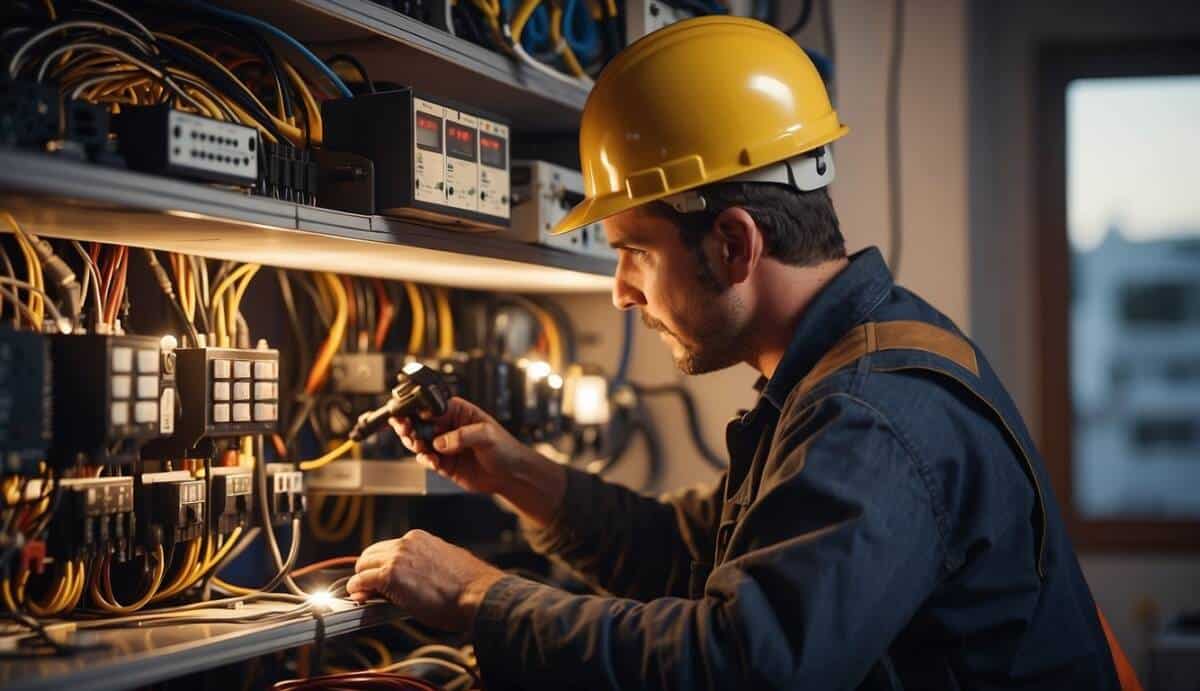 An electrician working on wiring in a residential area, surrounded by tools and equipment. Bright light illuminates the scene