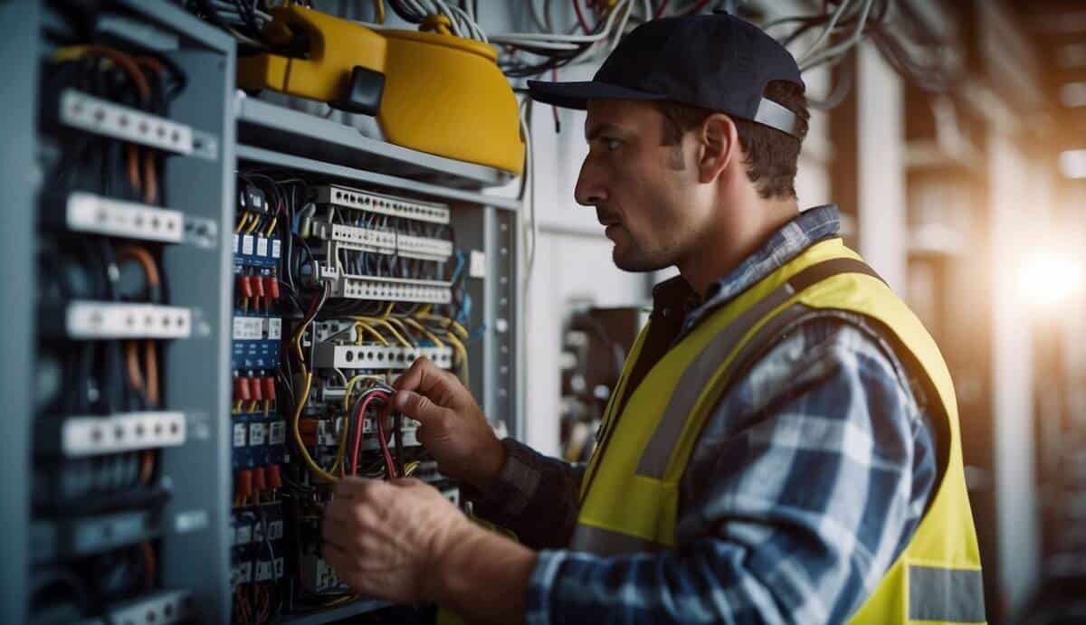 A certified electrician working on electrical wiring in a residential building in Avilés, ensuring safety and quality