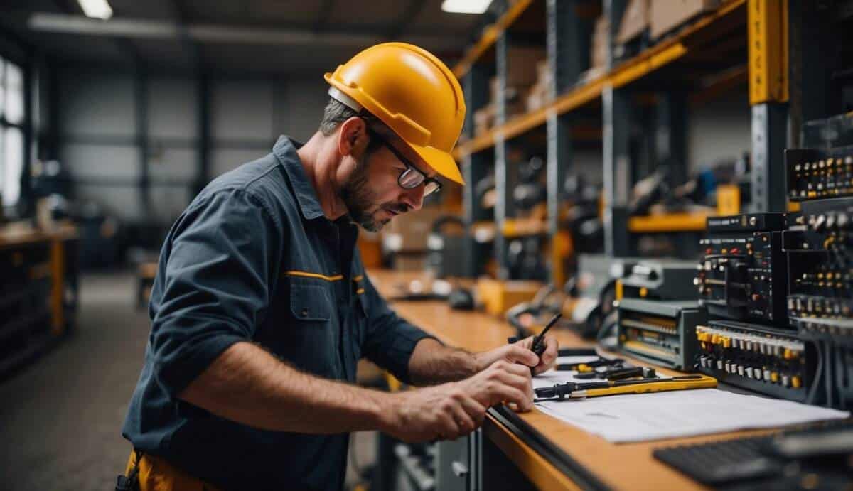 An electrician carefully selecting tools and reviewing a list of top electricians in Avilés