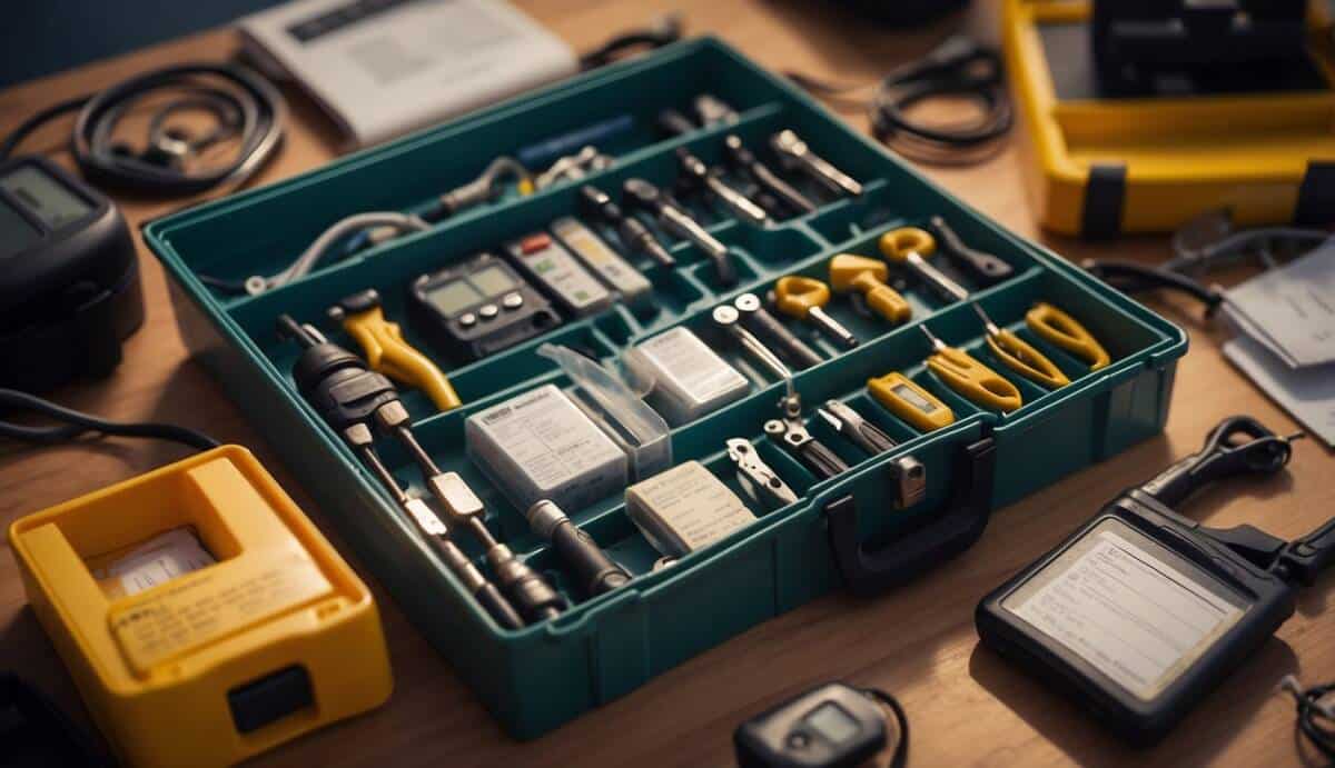 A professional electrician working on wiring in a modern home, surrounded by tools and safety equipment