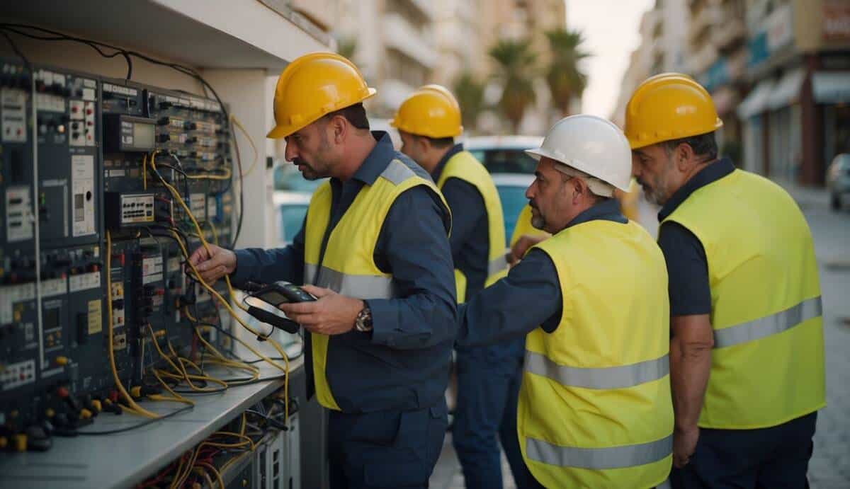 A group of electricians in Benidorm offering common services, working on various electrical tasks in a bustling city setting