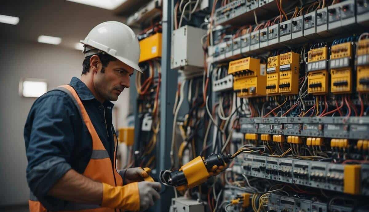 A certified electrician working on wiring in a modern Benidorm building, surrounded by tools and safety equipment