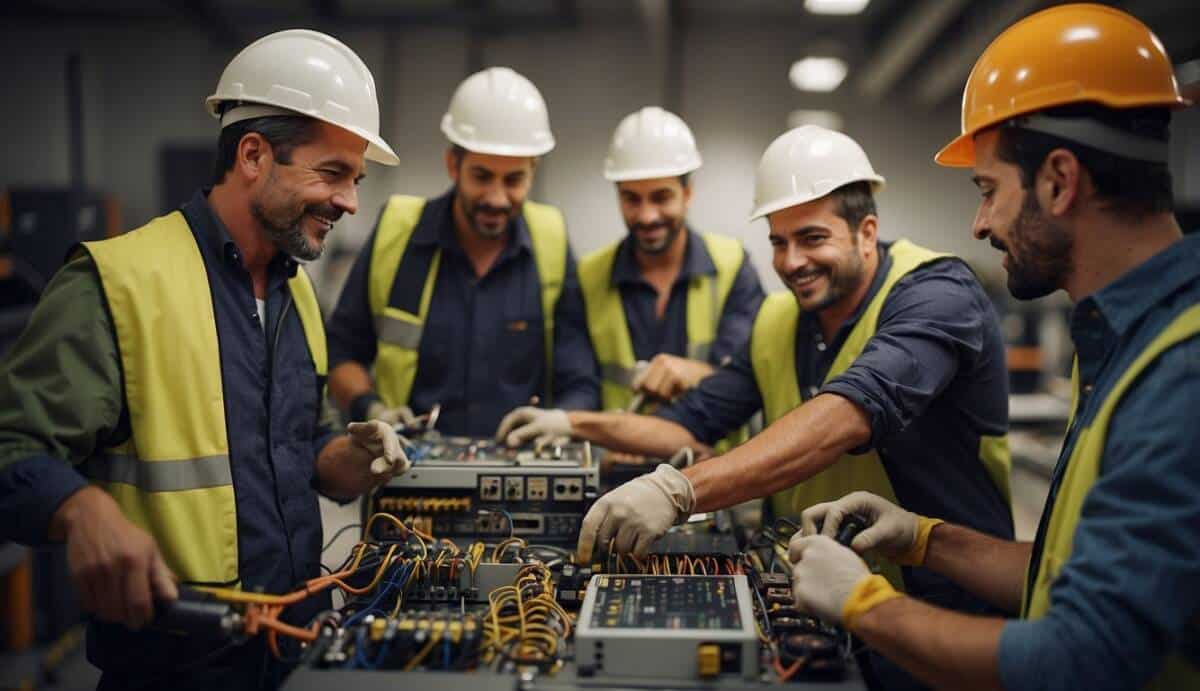 A group of electricians working together in Castelldefels, using their tools to fix and install electrical systems