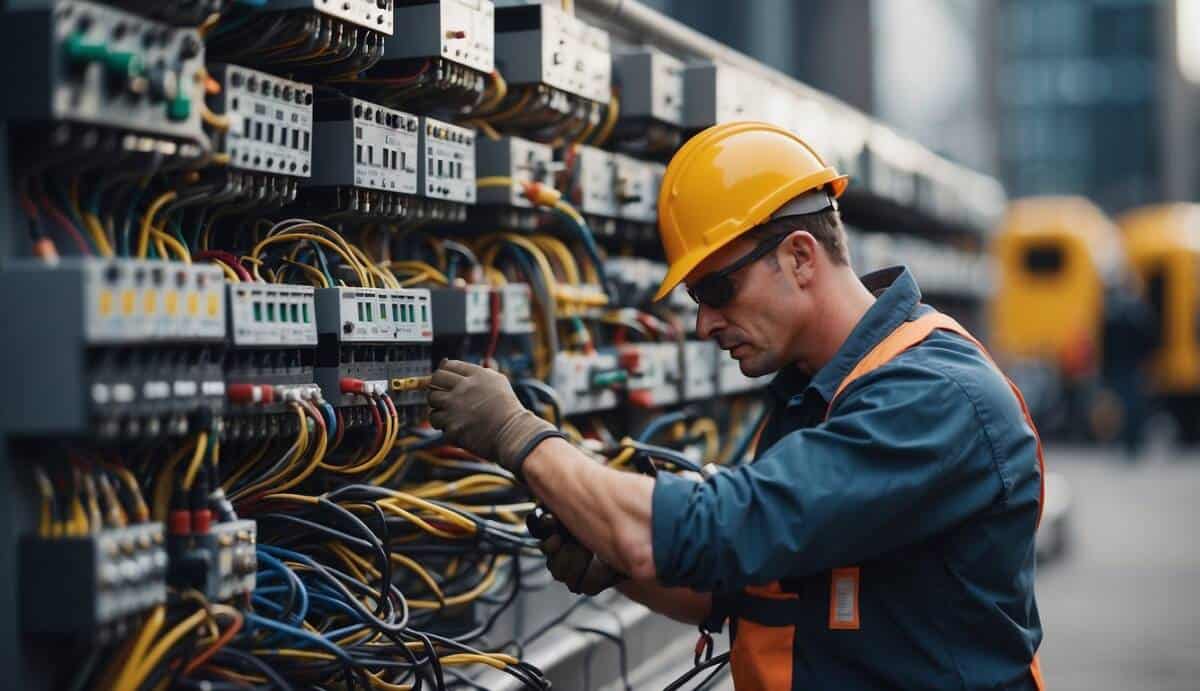 A professional electrician working on wiring in a modern city setting with tools and safety equipment