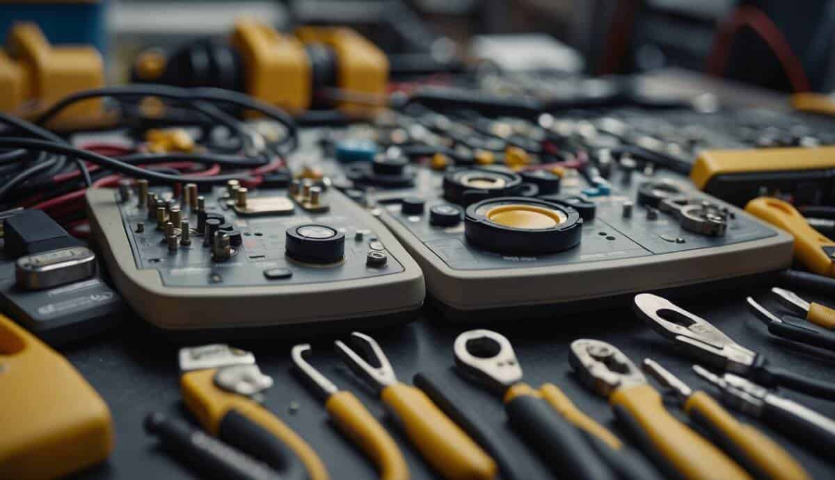 Several electricians working on various tasks in Ciudad Real. Tools and equipment scattered around. Top 5 electricians list displayed prominently