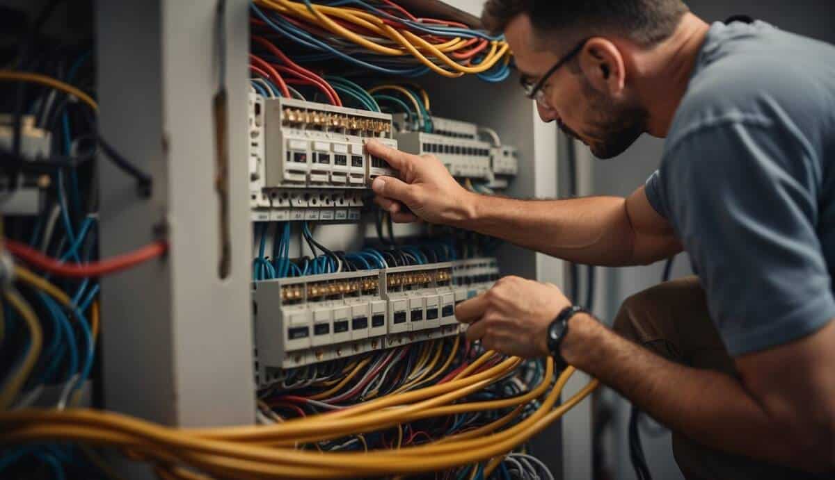 A certified electrician working on wiring in a modern Córdoba home, surrounded by top-rated electrician logos